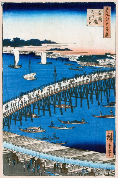 Margem do rio na ponte Ryogoku cem vistas famosas de Edo, 1856-1858. de Utagawa Hiroshige