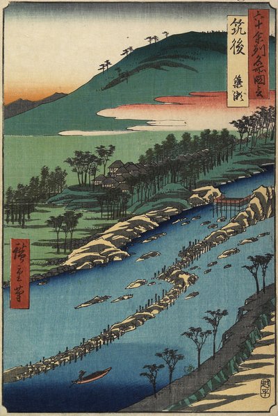Rio com armadilhas para peixes, província de Chikugo, setembro de 1855 de Utagawa Hiroshige