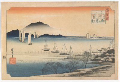 Veleiros que retornam a Yabase, período de Edo, 1830s adiantados (impressão do woodblock da cor) de Utagawa Hiroshige