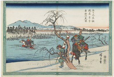Sasaki Takastuna e Kajiwara Kagetoki competindo para assumir a liderança atravessando o rio Uji, 1834-1839 de Utagawa Hiroshige