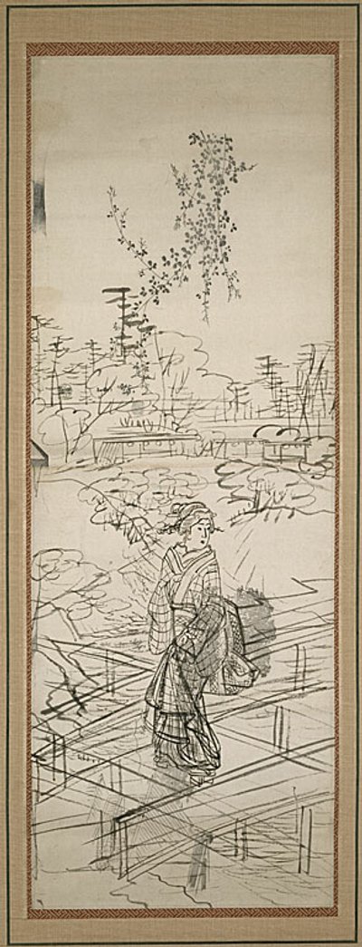 Esboço de uma mulher a atravessar uma ponte de Utagawa Hiroshige