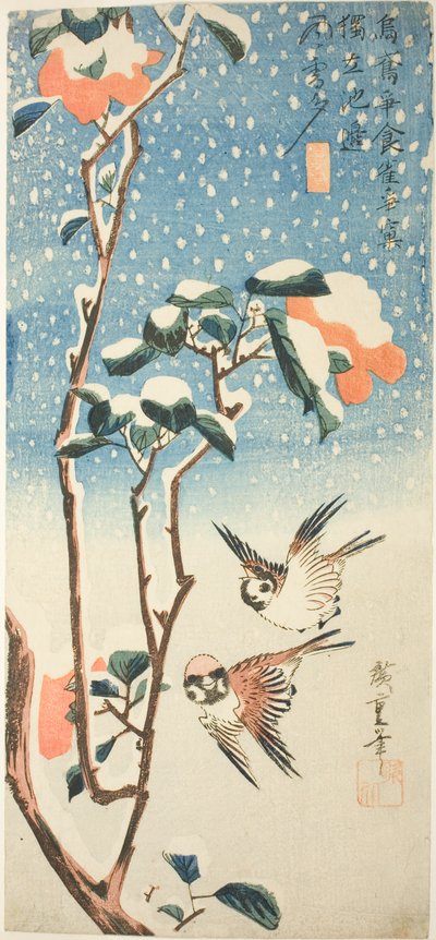 Pardais e camélia na neve de Utagawa Hiroshige