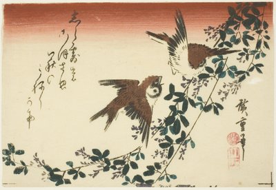 Pardais e trevo de arbusto de Utagawa Hiroshige