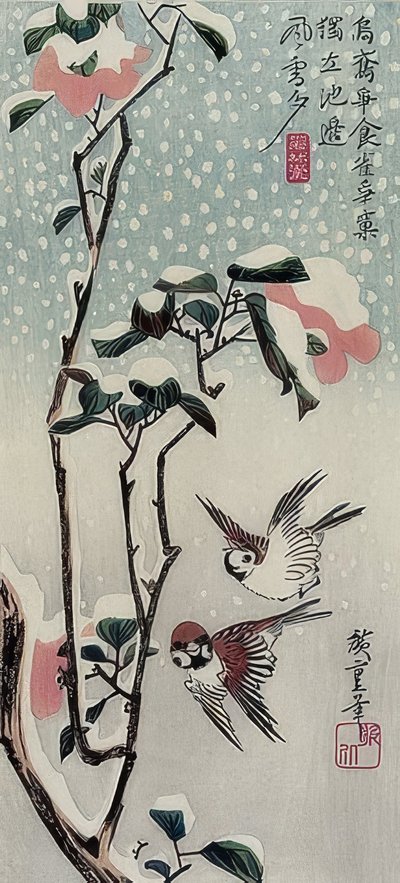 Pardais e camélias na neve de Utagawa Hiroshige