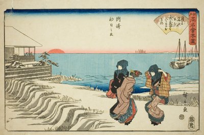 Nascer do sol no dia de Ano Novo no restaurante Musashiya em Susaki (Susaki hatsu hinode, Musashiya), da série "Restaurantes famosos de Edo (Edo komei kaitei zukushi)" de Utagawa Hiroshige
