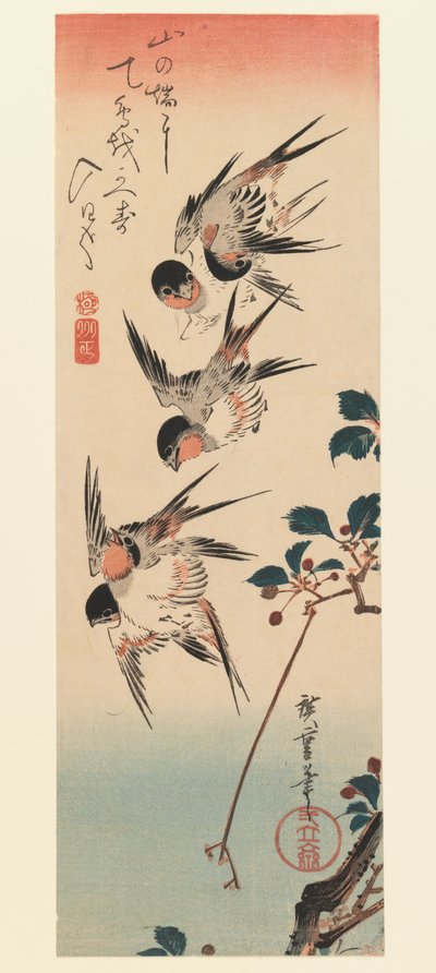 Tanzaku, quatro andorinhas, 1832 (impressão do woodblock da cor) de Utagawa Hiroshige
