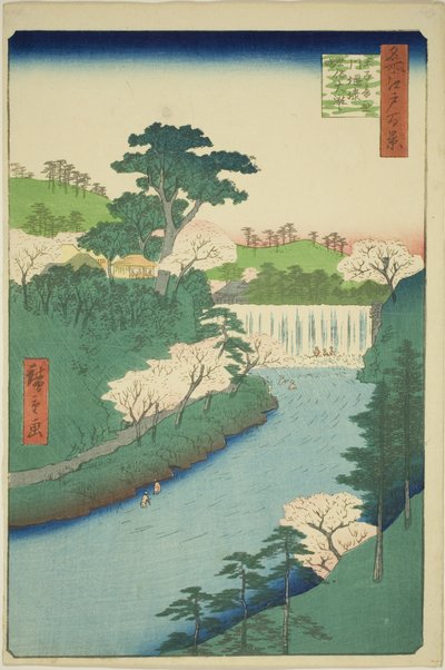 A represa no rio Otonashi em Oji, comumente chamada de "A Grande Cachoeira" (Oji Otonashigawa entai, sezoku Otaki to tonau), da série "Cem vistas famosas de Edo (Meisho Edo hyakkei)" de Utagawa Hiroshige
