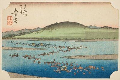 A margem distante do rio Oi em Kanaya (Oigawa engan, Kanaya), seção da folha no. 6 da série "Fotos recortadas do Tokaido (Tokaido harimaze zue)" de Utagawa Hiroshige
