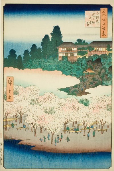 Pavilhão das Flores na encosta de Dango, Sendagi (Sendagi Dangozaka Hanayashiki), n.º 16 da série "Cem vistas famosas de Edo (Meisho Edo hyakkei)" de Utagawa Hiroshige