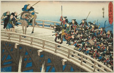 O Ataque Noturno, Parte 4 [sic; na verdade 5]: The Retreat through Ryogoku Bridge (Youchi yon, Ryogoku hikitori), da série "The Revenge of the Loyal Retainers (Chushingura)" de Utagawa Hiroshige
