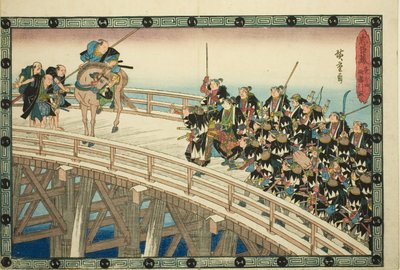 O Ataque Noturno, Parte 4 [sic; na verdade 5]: The Retreat through Ryogoku Bridge (Youchi yon, Ryogoku hikitori), da série "The Revenge of the Loyal Retainers (Chushingura)" de Utagawa Hiroshige