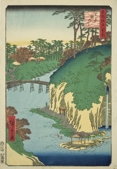 O Rio das Cachoeiras em Oji (Oji Takinogawa), da série "Cem Vistas Famosas de Edo (Meisho Edo hyakkei)" de Utagawa Hiroshige