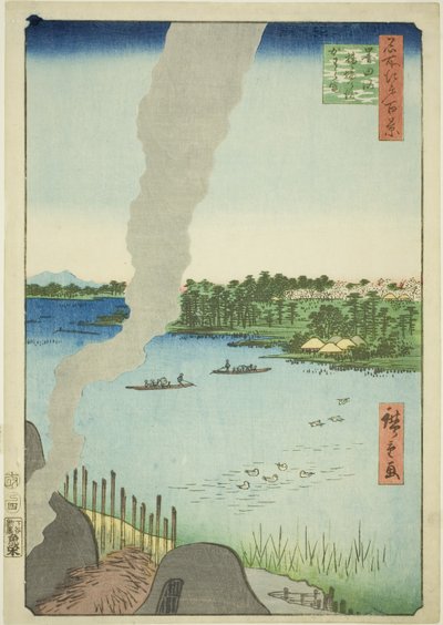 Fornos de telha e balsa Hashiba no rio Sumida (Sumidagawa Hashiba no watashi kawaragama), da série "Cem vistas famosas de Edo (Meisho Edo hyakkei)" de Utagawa Hiroshige