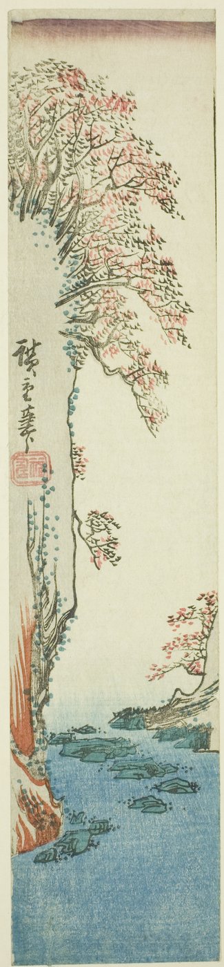 Árvores em um penhasco acima de um rio de Utagawa Hiroshige