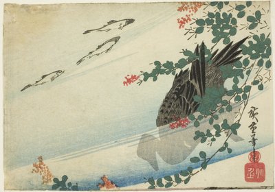 Trutas, pato e trevo de arbusto de Utagawa Hiroshige
