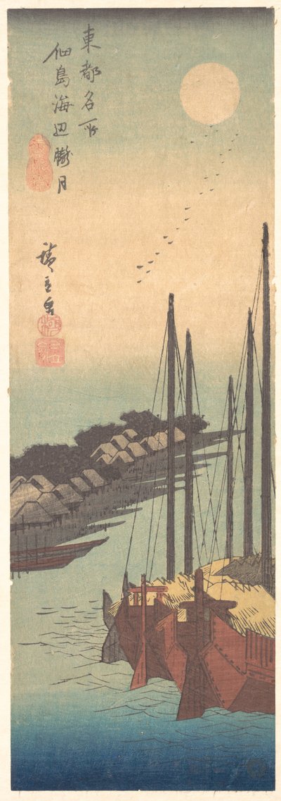 Tsukudajima Kaihin Rōgetsu de Utagawa Hiroshige