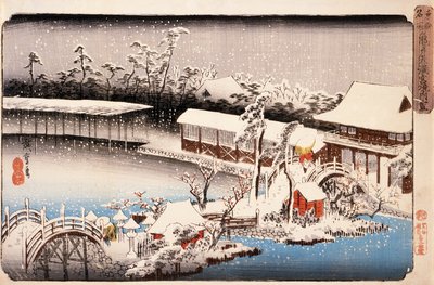 Vista do santuário Kameido Tenmangū na neve de Utagawa Hiroshige