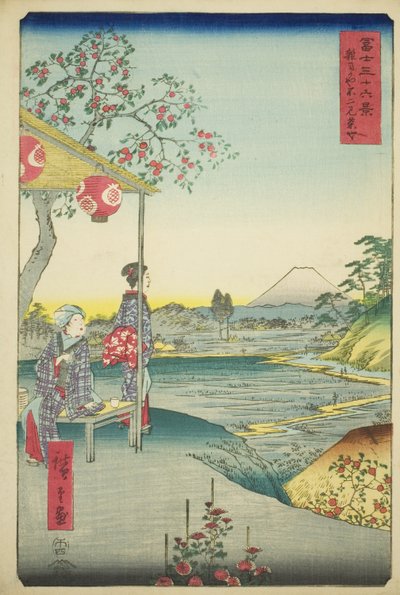 Vista do Monte Fuji de uma casa de chá em Zoshigaya (Zoshigaya Fujimi chaya), da série "Trinta e seis vistas do Monte Fuji (Fuji sanjurokkei)" de Utagawa Hiroshige