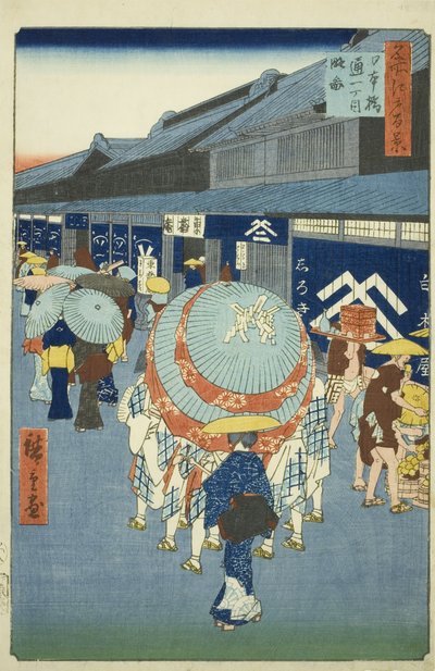 Vista de Nihonbashi Tori tchome (esboço de Nihonbashi Tori tchome), da série Te ”Ridge dre d fa net s views of Edo (Cem pontos turísticos famosos de Edo)” de Utagawa Hiroshige