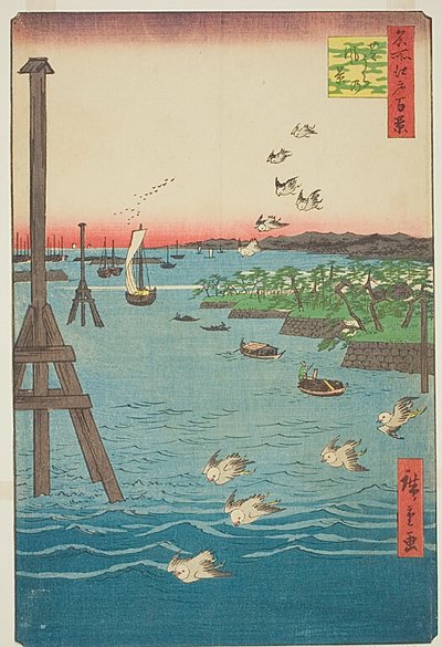 Vista da costa de Shiba (Shibaura no kei), com tons de água azul claro, n.º 108 da série Cem Vistas Famosas de Edo (Meisho Edo hyakkei) de Utagawa Hiroshige