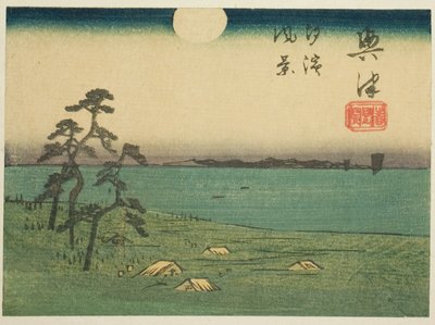Vista de Shiohama e Kiyomigaseki em Okitsu (Okitsu, Kiyomigaseki, Shiohama fukei), seção da folha nº 4 da série "Fotos recortadas da estrada de Tokaido (Tokaido harimaze zue)" de Utagawa Hiroshige