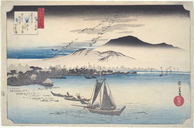 Gansos-selvagens a descer em voo em Katada, da série Oito vistas de Ōmi de Utagawa Hiroshige