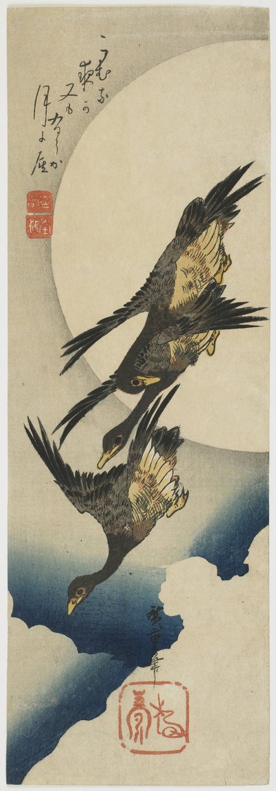 Gansos selvagens através da lua, 1834-39 (impressão do woodblock da cor) de Utagawa Hiroshige
