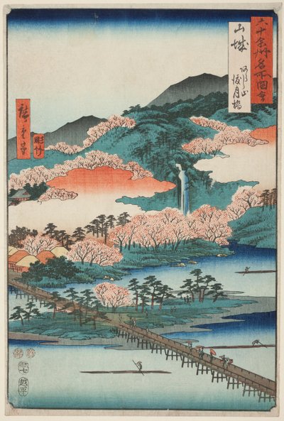 Província de Yamashiro: Ponte Togetsu no Monte Arashi (Yamashiro, Arashiyama Togetsukyo), da série "Lugares famosos das sessenta províncias (Rokujuyoshu meisho zue)" de Utagawa Hiroshige