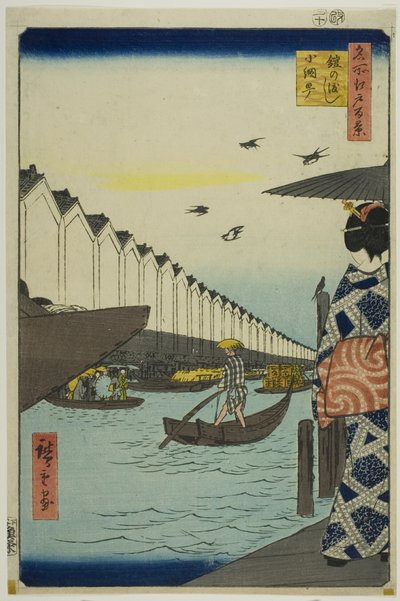 Balsa de Yoroi, Koami-cho (Yoroi no watashi Koami-cho), da série "Cem vistas famosas de Edo (Meisho Edo hyakkei)" de Utagawa Hiroshige