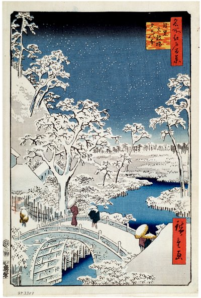 Yuhi Hill e a ponte do tambor em Meguro Cem vistas famosas de Edo, 1856-1858. de Utagawa Hiroshige