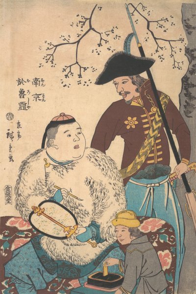 Russos e um chinês inscrevendo um leque, 12º mês, 1860. de Utagawa Hiroshige II