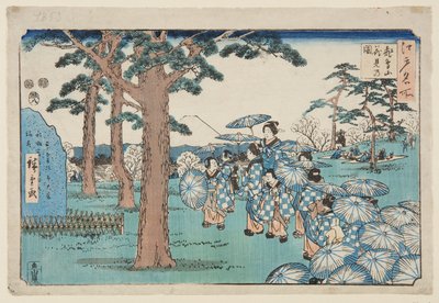 Vista em flor de cerejeira no Asuka Hill (Asukayama hanami no zu) (impressão em bloco de madeira colorida) de Utagawa II Hiroshige