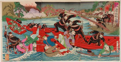Pesada batalha em terra e mar no rio Taidong, em Pyongyang, Setembro de 1894 (impressão em bloco de madeira; tinta e cor sobre papel) de Utagawa II Kunitora