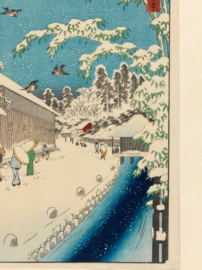 Atagoshita e Yabu Lane (Atagoshita Yabukôji), antes de 1858 (impressão a cores a partir de blocos de madeira, com flocos de mica e impressão em tecido) de Utagawa I Hiroshige