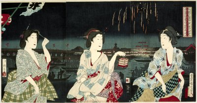 Aproveitando a brisa da noite durante os fogos de artifício em Ryogoku Ryogoku hanabi yusuzumi no kei (título do objeto) de Utagawa Kunichika