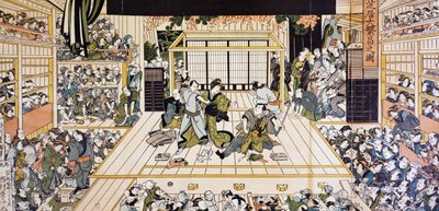 Performance teatral Kabuki em Edo, gravura de arte ukiyo-e de Utagawa Kunimaru (1794-1829), xilogravura, civilização japonesa, período Edo de Utagawa Kunimaru