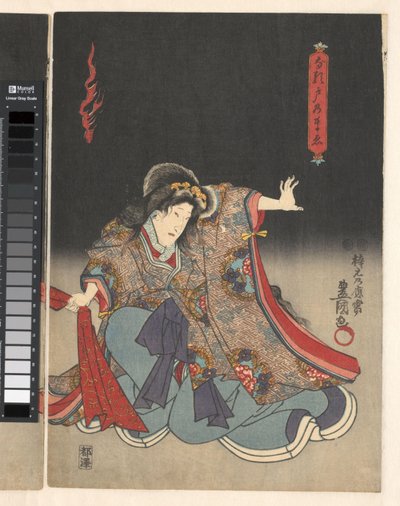 Actor como mulher puxando um pano vermelho de Utagawa Kunisada (I)