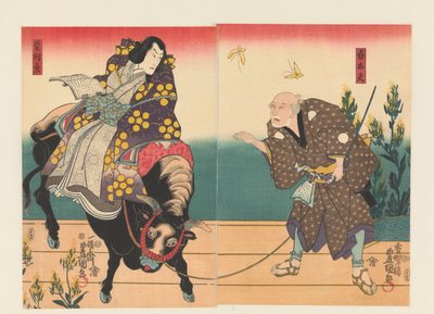 Agricultor acompanha courtier sobre boi preto de Utagawa Kunisada (I)