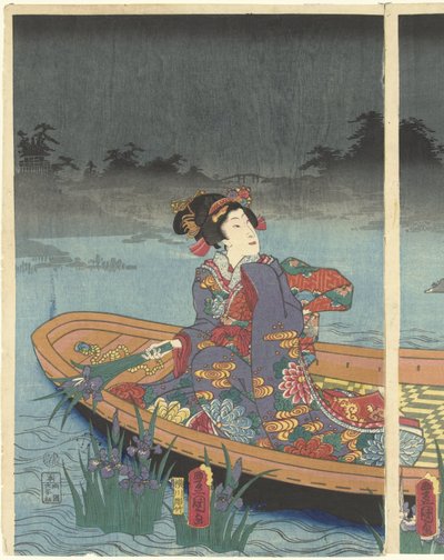 Ondas inimigas aproximam-se do Príncipe Genji dos tempos modernos de Utagawa Kunisada (I)