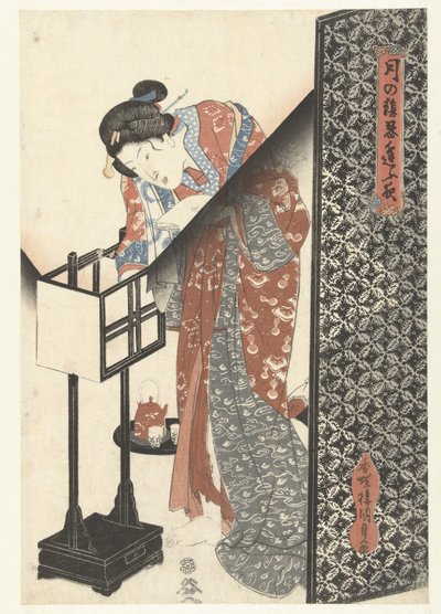 Mulher por lâmpada Secret Nighttime Dates by Moonlight (título da série) Tsuki no kage shinobiau yoru (título da série no objeto) de Utagawa Kunisada (I)