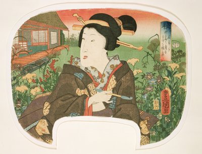 Outono, Hanayashiki: Uma gueixa com um cachimbo, design para um fã de um conjunto de quatro ilustrando as estações, 1858-60 (xilogravura) de Utagawa Kunisada