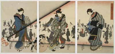 Cena nocturna com raparigas, animais e lanternas de Utagawa Kunisada