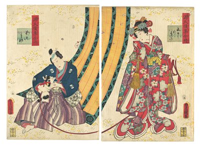 Paródia da Terceira Princesa e Kashiwagi: “Capítulo 50: Uma Cabana na Páscoa..., 1858, segundo mês. de Utagawa Kunisada