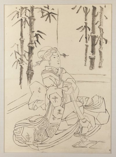 Desenho preparatório para a folha esquerda do tríptico Elegante trio instrumental de raparigas de Utagawa Kunisada