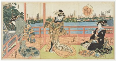 Shinmachi em Osaca: cortesãs de alto nível divertem-se no restaurante Ukamuse, da série «Restaurantes famosos nas províncias» de Utagawa Kunisada