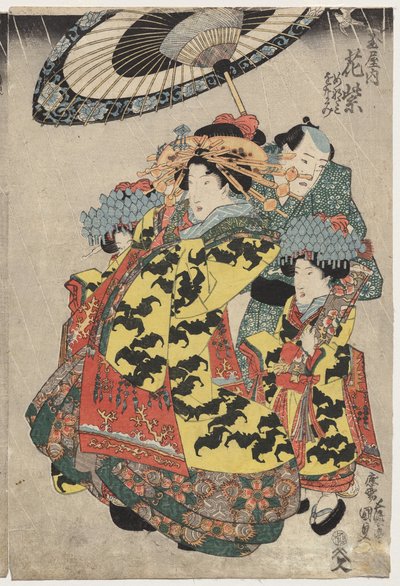 As cortesãs Hanmurski e Koshikibu do Tamai Promending na chuva de Utagawa Kunisada