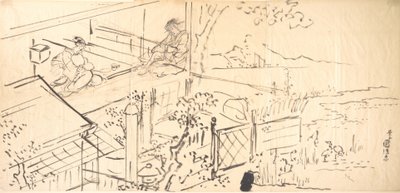 Duas cortesãs apreciando a vista de uma casa de chá de Utagawa Kunisada
