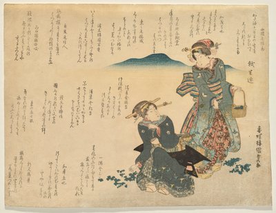 Duas mulheres que recolhem as sete ervas tradicionais para o Ano Novo de Utagawa Kunisada