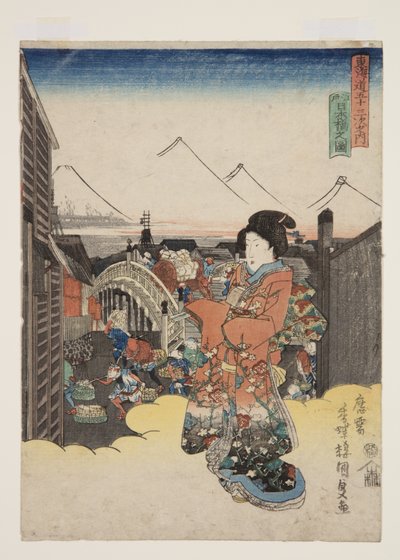 Vista de Nihonbashi em Edo (Edo Nihonbashi no zu) (impressão em bloco de madeira colorida) de Utagawa Kunisada