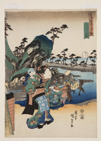 Vista do Okitsu (Okitsu no zu) (impressão em bloco de madeira a cores) de Utagawa Kunisada
